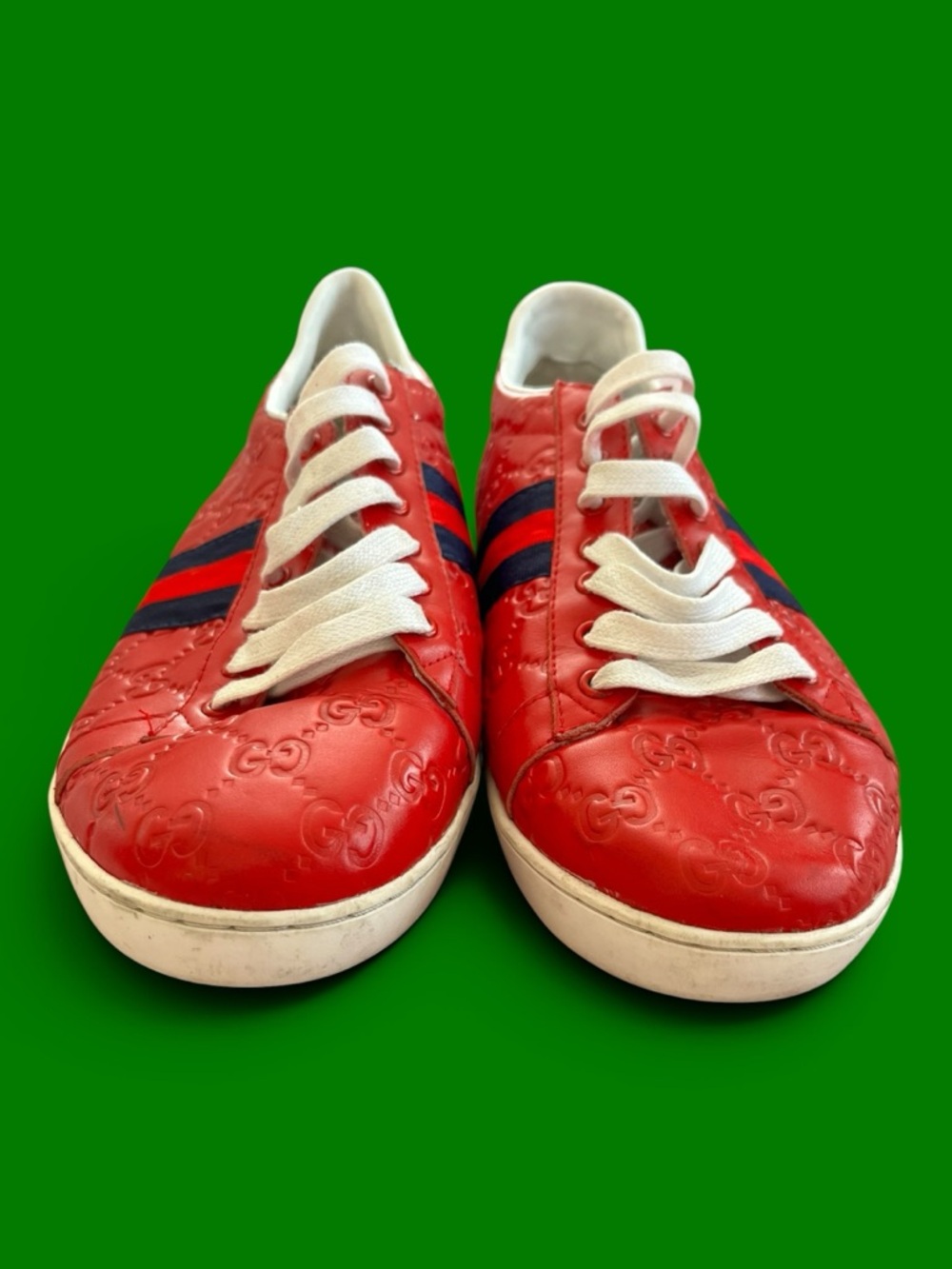 Gucci Ace Web GG Monogram Low Top Sneakers Red Leather US 11 EU 44 Pre Owned - Picture 3 of 10